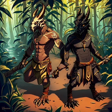 kobold, scalie, solo, black skin, anthro, male, kobold male, men, flat chested, flat breasts, horns, tribal tattoos, womb tattoo...