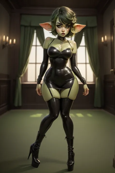 Goblin girl. green skin. very short hairstyle. choker. black pouty lips. big , hourglass figure, goth, eyeshadow, eyeliner, thigh high boots, high heels, 