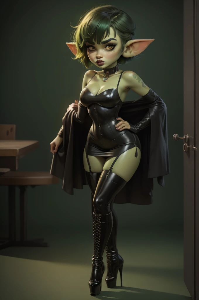 Goblin girl. green skin. very short hairstyle. choker. black pouty lips. big , hourglass figure, goth, eyeshadow, eyeliner, thigh high boots, high heels, 