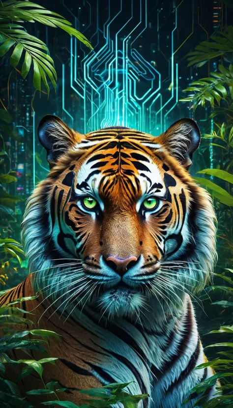 Create a digital artwork of a majestic, fierce tiger intertwined with elements of artificial intelligence. The tigers fur is interlaced with glowing neon circuits and data streams, symbolizing its connection with AI. Its eyes are illuminated with a bright,...