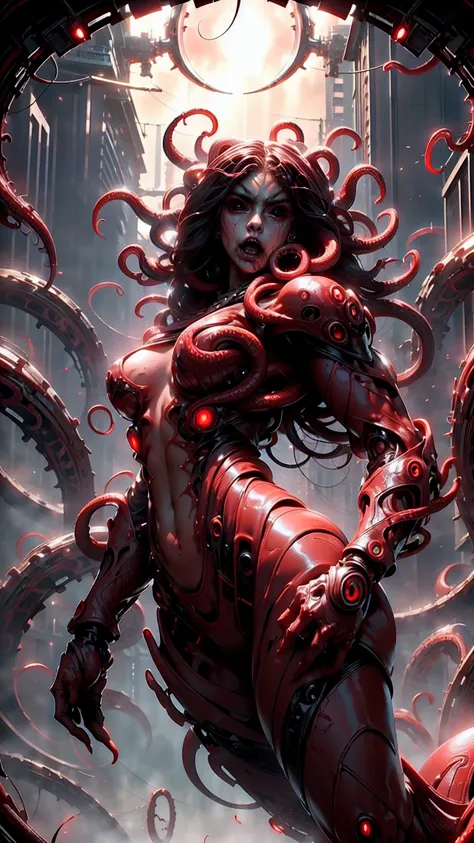 (beautiful girl:1.25), (megan fox:1.25), (young bodybuilder girl wearing cybernetic muscle suit:1.25), (medusa head with tentacles:1.25), carnage muscular physique, seductive face, mouth wide open carnage style, long red hair, perfect muscular body, super ...