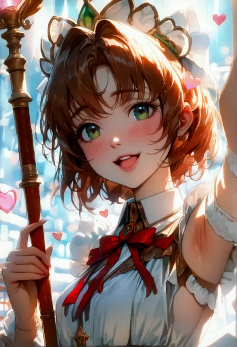 ((greatest masterpiece, ultimate quality, ultra-detailed, movie lighting, perfectly sensual:1.5, pov:1.5, 🔞:1.5)), 1girl, super fine illustration,extremely delicate and beautiful, 8K, Sakura Kinomoto(Cardcaptor Sakura), chestnut brown hair, short hair, eme...