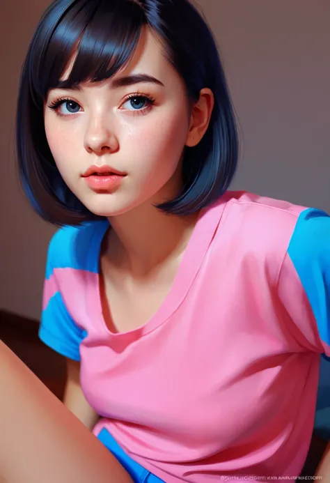 a closeup of a woman wearing a pink shirt and blue shorts, realistic painting cute girl, pink girl, beautiful digital painting, digital art Ilia Kuvshinov, Ilia Kuvshinov. 4k, beautiful digital painting, Bright digital painting, beautiful character paintin...