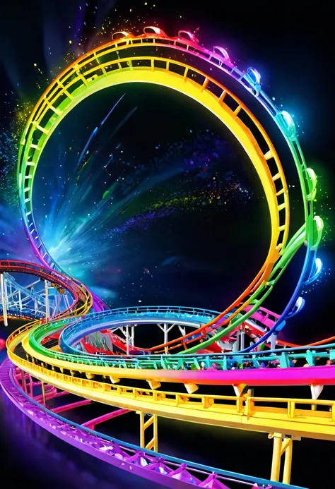 Rainbow roller coaster、A roller coaster running on rainbow-colored tracks，colorful，beautiful flower，wonderful景色，Utopia，An atmosphere full of dreams and hope，masterpiece．16K, Ultra-high resolution, Ultra-high resolution, to be born,wonderful ,future、Iridesc...