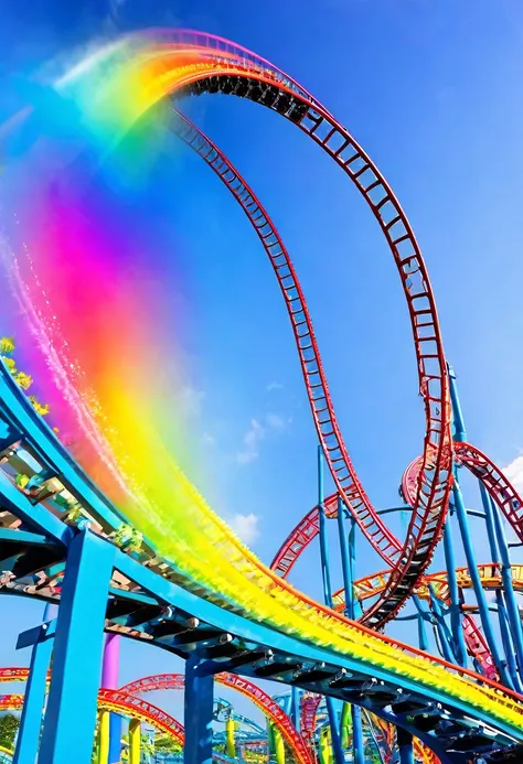 Rainbow roller coaster、A roller coaster running on rainbow-colored tracks，colorful，beautiful flower，wonderful景色，Utopia，An atmosphere full of dreams and hope，masterpiece．16K, Ultra-high resolution, Ultra-high resolution, to be born,wonderful ,future、Iridesc...