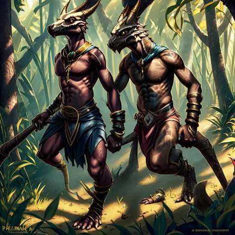 Kobold, scalie, solo, black skin, anthro, male, kobold male, men, flat chested, flat breasts, horns, tribal tattoos, womb tattoo, tail, kobold tail, Penetrating gaze, Magic staff with animal skull, cuff gold, neck cuff very thick, in a jungle mangrove, sli...