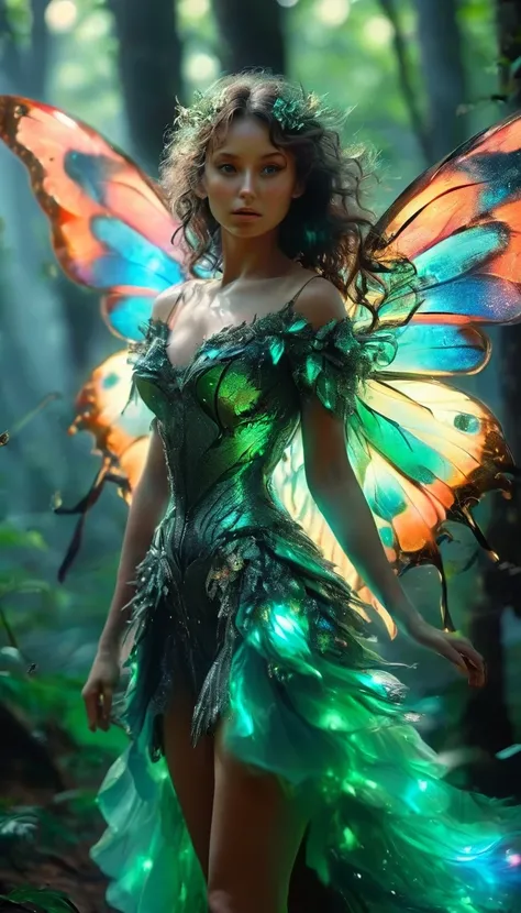 beautiful extreme tall fairy forest green clothes and eyes, large bright iridescent luminescent fairy wings, black full wavy curly wind blown hair, happy loving, on a forest trail in the deep woods illuminated by here ethereal magic and multitude of forest...