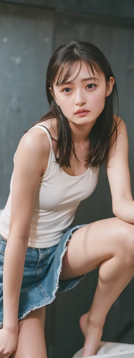 open shirt, (((leaning forward))), ((,round face, around 17 years old,mini skirt、loose tank top)),  long hair, , natural makeup,...