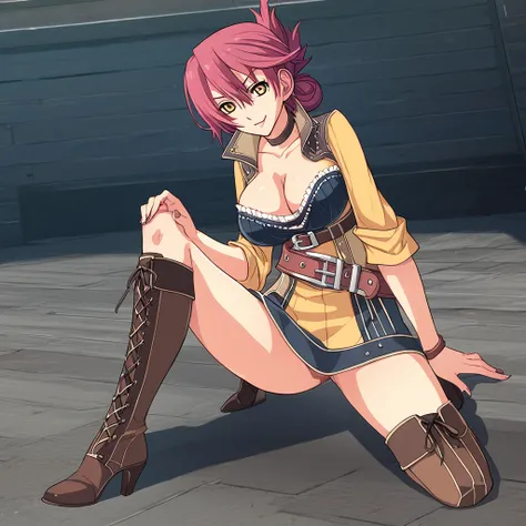 nsfw,,,,(sara valestein),(sen12),1girl, large breasts,choker, belt, yellow eyes, red hair,((high heel boots, Knee-high boots)),