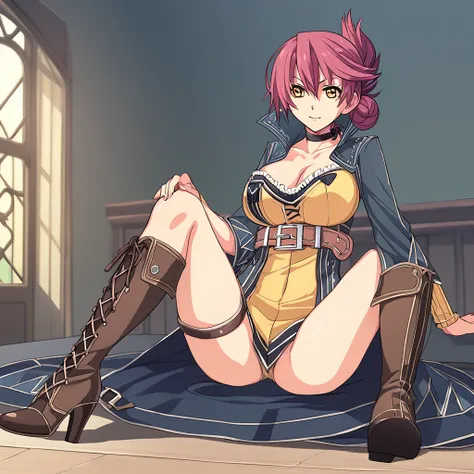 nsfw,,,,(sara valestein),(sen12),1girl, large breasts,choker, belt, yellow eyes, red hair,((high heel boots, Knee-high boots)),