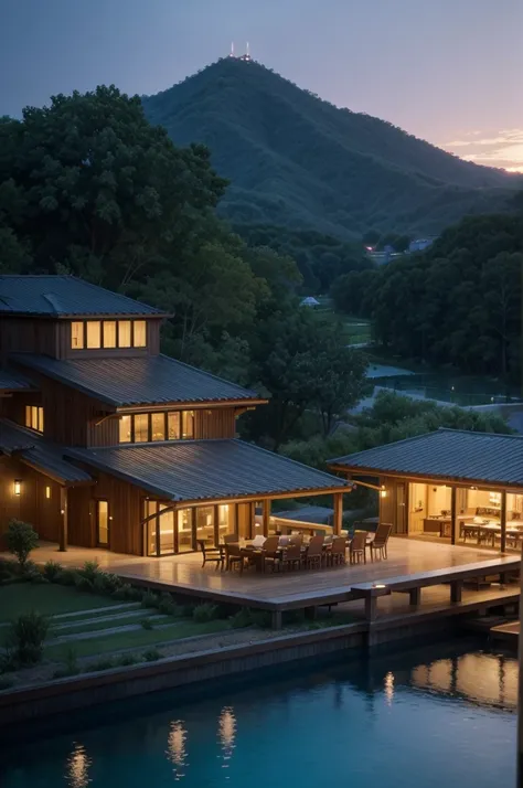 Resort with Zaha Hadid style restaurant with wood and metal texture, hotel with infinity pool, twilight with farm sunset in high quality, cattle farm, 8k UHD