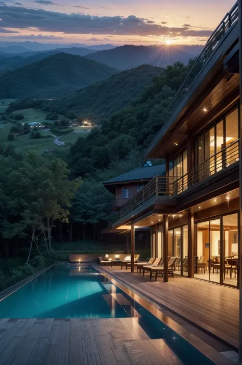 Resort with Zaha Hadid style restaurant with wood and metal texture, hotel with infinity pool, twilight with farm sunset in high quality, cattle farm, 8k UHD