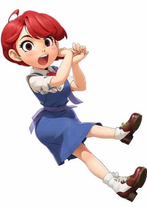 cartoon girl in blue dress with red hair and brown shoes, kinmoza!, yayoi kasuma, inspired by Junpei Satoh, ness from earthbound, fujita goro!, safebooru anime image, marin kitagawa fanart, female protagonist 👀 :8, inspired by Unichi Hiratsuka, rei hiroe, ...