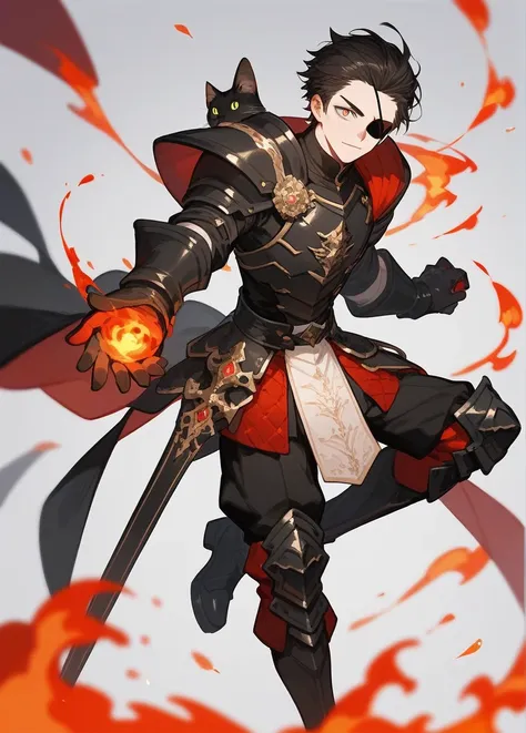 Boy with a slightly effeminate appearance, attractive and adorable, his hair is slightly long black, he has an eye patch that emits red fire from the patch, his uncovered eye is red in color that shines with a sharp pupil like that of a cat, his clothes ar...