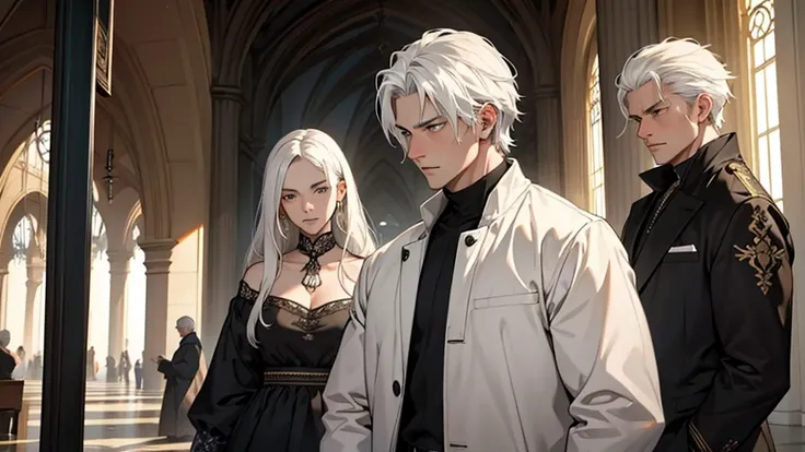 ((best quality)), ((work of art)), ((detailed)), young man with white hair, between two women, ((man with a nervous expression)), both women staring at him intently