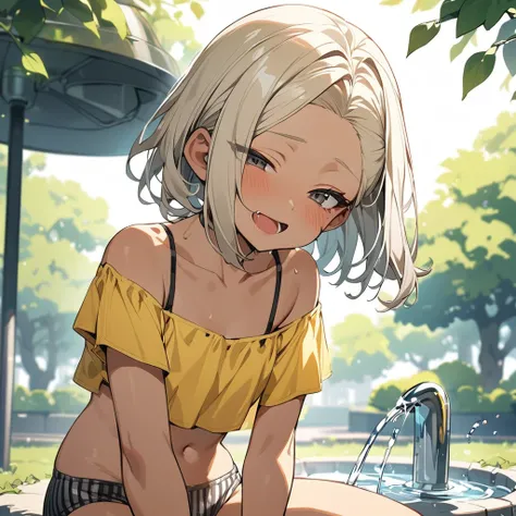 (anime style),masterpiece, best quality, extremely detailed,12Year old,tanned skin,dark skin, Beautiful body,small breasts,BREAK,multicolored colorful blonde hair,short hair,hair slicked back,BREAK,black eyes,out tongue,shy smile,open mouth,mouth on water,...