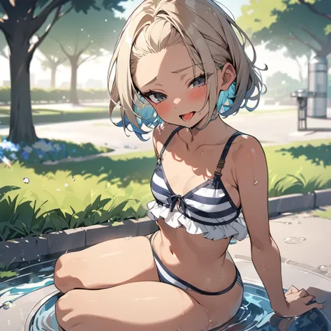 (anime style),masterpiece, best quality, extremely detailed,12Year old,tanned skin,dark skin, Beautiful body,small breasts,BREAK,multicolored colorful blonde hair,short hair,hair slicked back,BREAK,black eyes,out tongue,shy smile,open mouth,mouth on water,...