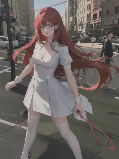 A handsome girl in a nightclub, with a princess cut, bright red hair, a white shirt, and a proud chest covered tightly, with leg rings, black stockings and high heels, standing on the brightly lit street, pedestrians coming and going, some angry expression...