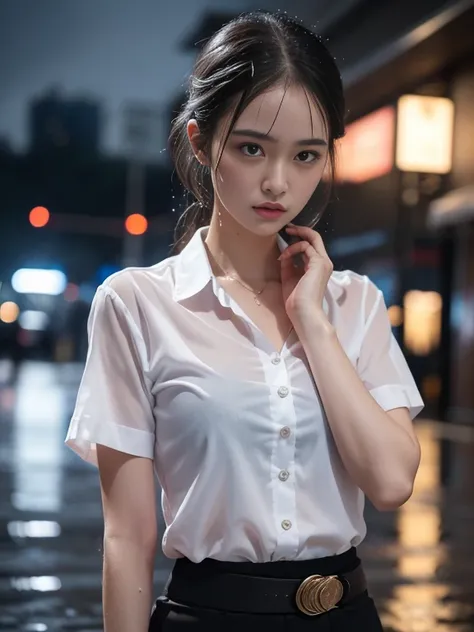 (RAW shooting, realistic:1.5, 8K, Highest quality, Masterpiece, Ultra high resolution), Perfect dynamic composition:1.2, Night street corner of modern city, expression of sadness:0.5, heavy rain:1.3, Highly detailed skin and facial features:1.2, one Slim l...