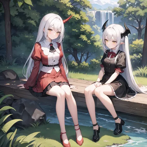 1girl, giggles, white hair, horn bat wing, black and red horn, yellow eyes, red black facepain bellow cheek, holding strawberry donut, black and red outfit, dark blue skirt, waterfall background, sitting under wood, grass ground, rainbow infront waterfall