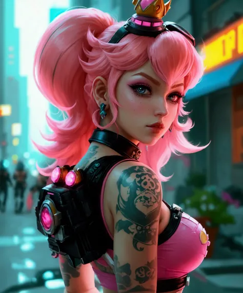 Imagine Princess Peach as a female bounty hunter, riot, with tattoos and pink highlights, in a neighborhood of crime in a city and a cyber-punk era
