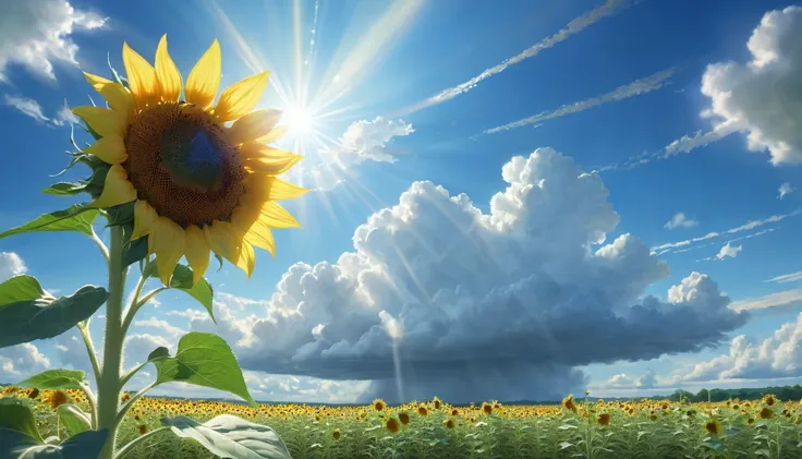 landscape, summer, blue sky, Nobody, , HD detailed, Super detailed, , Hyperrealism, Soft Light, Deep focus bokeh,  makoto shinkai, sunflower、Grass、cumulonimbus,Rays of light shining through the clouds