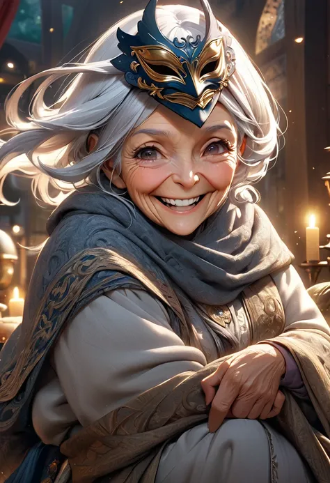 masterpiece, 8k, best quality, highly detailed, mask of mystical old woman grinning menacingly