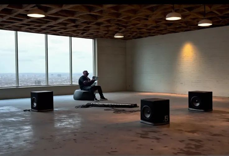 Large room at the top of a building with a laptop and two speakers on the floor, view of the city from a large window, On a cloudy day 