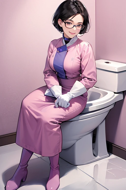 A mature woman with short black hair, a combed hairstyle, glasses and blue long sleeves, wearing large pink gloves and white rubber boots, cleaning the toilet with a gentle smile