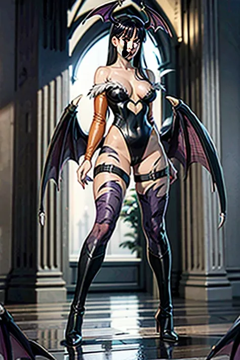 1girl, sexy, beautiful, sks woman, morrigan_aensland_aiwaifu, wide hips round hips, big ass thick ass, narrow waist small waist, big breasts, long green_hair, bangs, animal print, pantyhose, high black wings demon wings bat wings, purple bat_print legwear ...