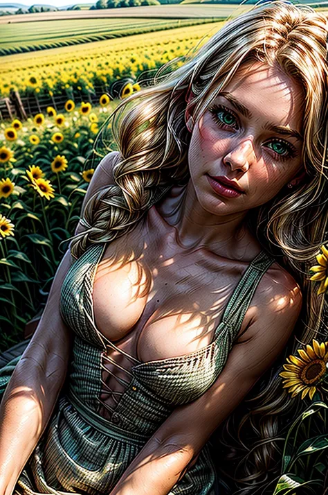 1woman, farmer, hands between knees, brown country dress, field, intense blush, beautiful face, green eyes, blonde hair, crownbraid, ponytail, cleavage, dutch angle, sunlight, wind, sun flowers, corn field, lying on side, lying on haybail