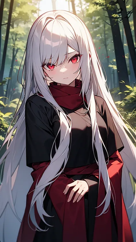 Beautiful girl with long white hair, Fair skin, And red eyes, In the woods with cinematic lighting, It&#39;s dark and there&#39;s little light. She is wearing a golden white dress, Her eyes were focused, Looking at the audience. Her skin is white, Her face...