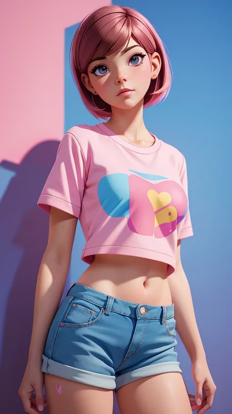 a closeup of a woman wearing a pink shirt and blue shorts, una pintura digital de Ilya Kuvshinov, cgsociety contest winner, digital art, realistic painting cute girl, pink girl, beautiful digital painting, digital art Ilia Kuvshinov, Ilia Kuvshinov. 4k, be...