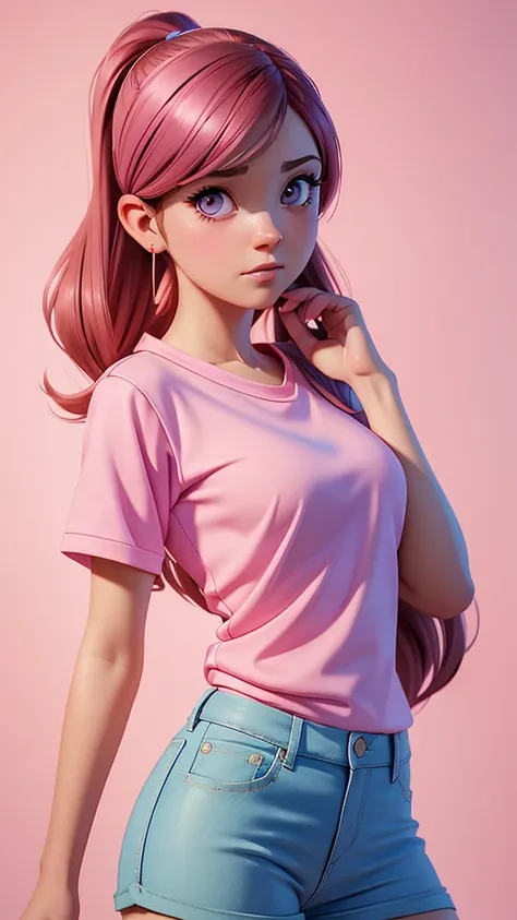 a closeup of a woman wearing a pink shirt and blue shorts, una pintura digital de Ilya Kuvshinov, cgsociety contest winner, digital art, realistic painting cute girl, pink girl, beautiful digital painting, digital art Ilia Kuvshinov, Ilia Kuvshinov. 4k, be...