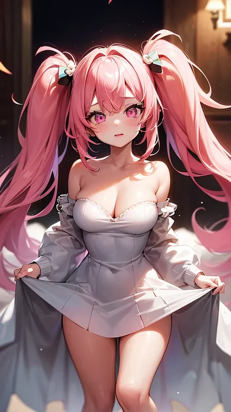 (Highest quality,Super detailed,girl),Pink Hair,Height: 160cm,cute,Pink Eyes,Twin tails,Big Breasts,Her eyes are white and shining,Look at me from up close,Has bright white eyes,Has an embarrassed look on his face,Completely naked,