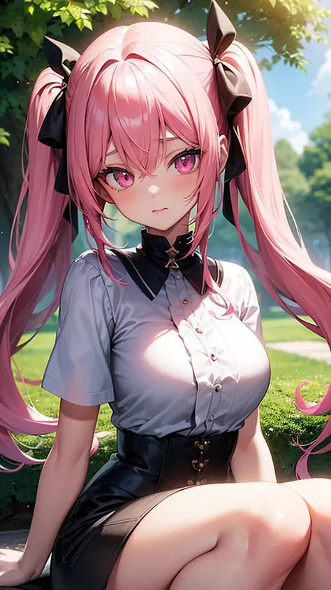 (Highest quality,Super detailed,girl),Pink Hair,Height: 160cm,cute,Pink Eyes,Twin tails,Big Breasts,Her eyes are white and shining,Look at me from up close,Has bright white eyes,Has an embarrassed look on his face,Completely naked,