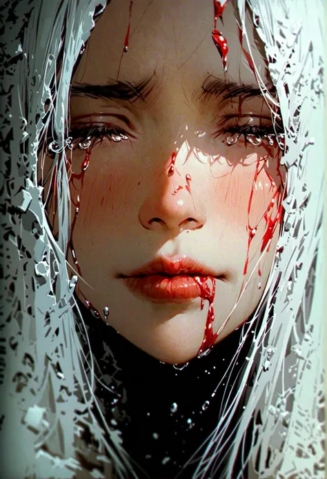 portrait of a beautiful woman, cried, sad, tears of blood, suffering,only part of the face, long white hair, mouth closed, close...