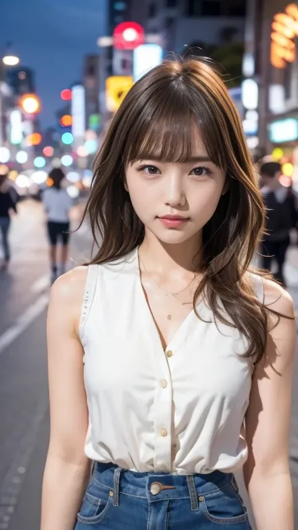 one girl, tokyo street,night, cityscape,city lights, upper body,close, 8k, raw photos, highest quality, masterpiece,realistic, p...