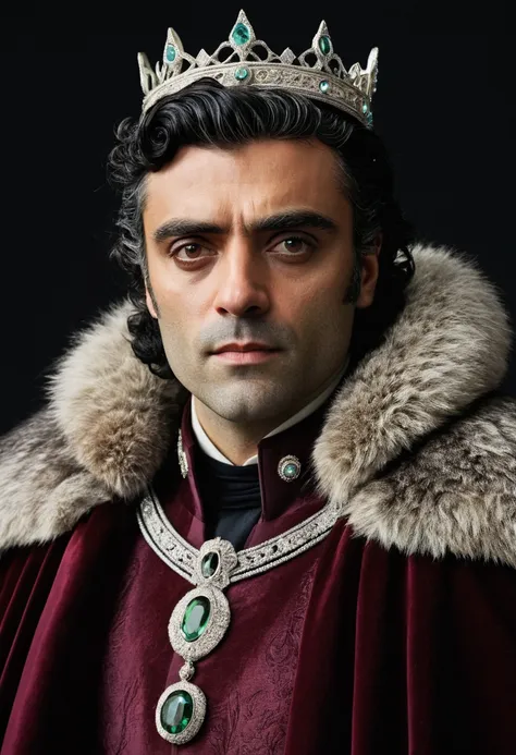 oscar isaac,as a prince, wearing royal clothes,silver crown with a tourmaline crystal. glazed eyes,a royal cover. A cloak of wolf fur.