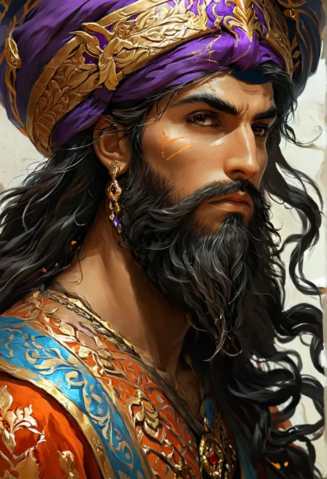 ancient persian iranian Achaemenid Empire themed clothing for a handsome persian male with longhair and beard, league of legend themed art and ideas. arcane animation themed,