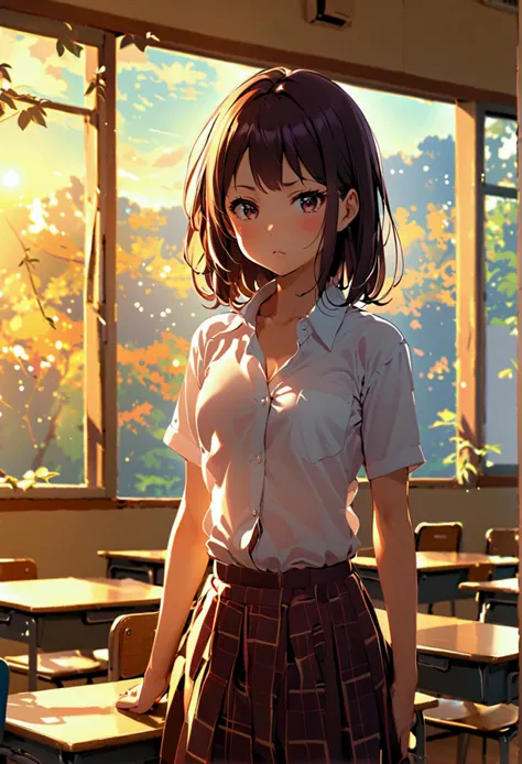 Ayumi Yoshida, elementary student, kawaii, cute, small and short, angry expression, standing in a classroom, visible vagina, exhausted. Open shirt, open clothes, visible chest and breast, small breast, visible navel. Evening sun.