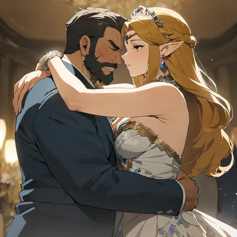 ((Highest quality)), ((masterpiece)), (detailed), （Perfect Face）、The woman is Princess Zelda and is wearing a gorgeous dress.、The man is a dignified, middle-aged, bearded, and sturdy man named Ganondorf.、A woman and a man are hugging and kissing