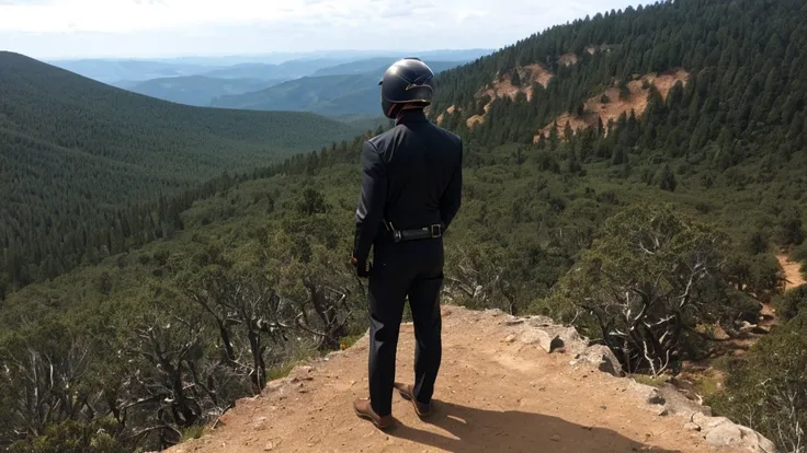 a luxury sales suit man wearing a black rider full-face helmet overlooking wilderness,full body,standard rider black full face h...