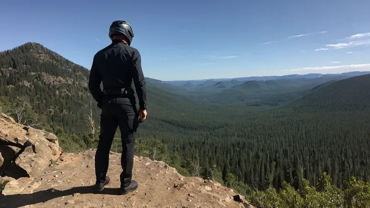 a luxury sales suit man wearing a black rider full-face helmet overlooking wilderness,full body,standard rider black full face h...