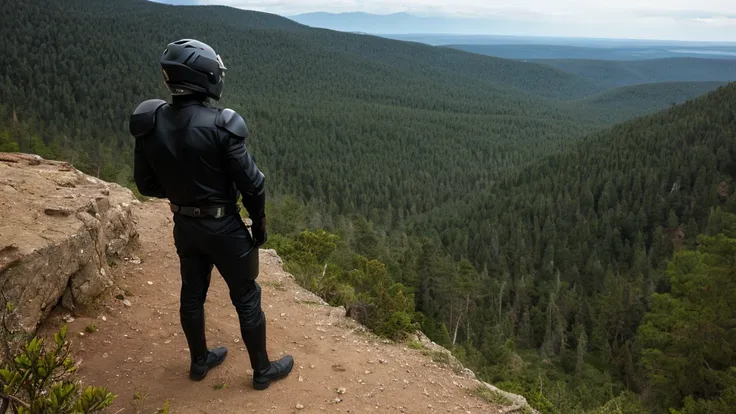 a luxury sales suit man wearing a black rider full-face helmet overlooking wilderness,full body,standard rider black full face h...