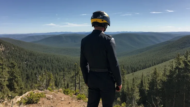 a luxury sales suit man wearing a black rider full-face helmet overlooking wilderness,full body,standard rider black full face h...