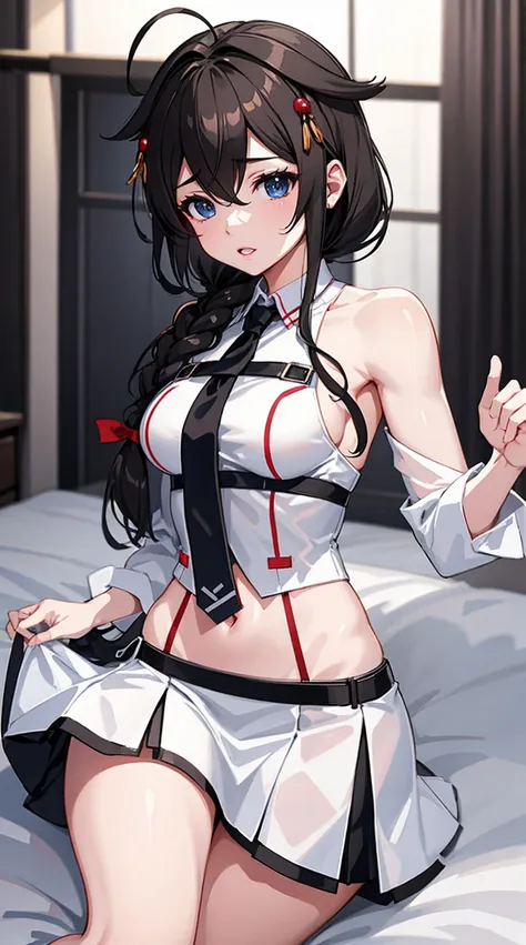 Shigure Kai 3 KanColle  White shirt blackskirt Braid 8K High Resolution Very Fine Eyes Very Fine Face、Insanely detailed body、Extremely fine skin, very elaborate hair ornament, Precisely sculpted body and hand 1 person hotel room