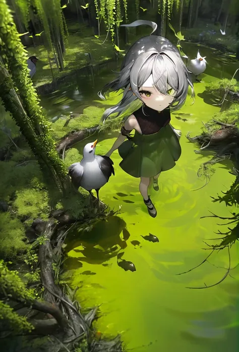 Generate an aerial angle birds eye view image of a  beautiful humanoid dragon girl , face of beautiful  human detailed scale photo realistic with menacing wings, color red and silver unreal engine standing , getting out from the swamp with floating algae ,...