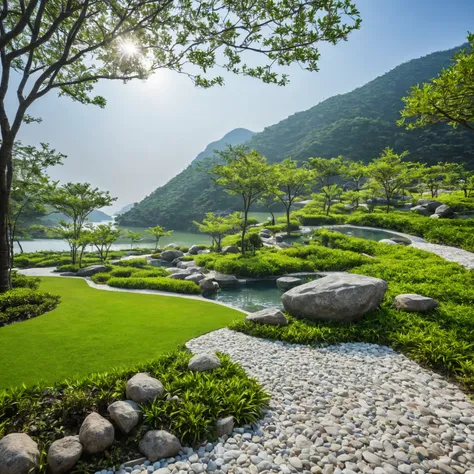 qlcd,tingyuan, photo of modern resort,water side, grassland, garden, shrubs and trees, rock decoration, clear sky, sun light, re...