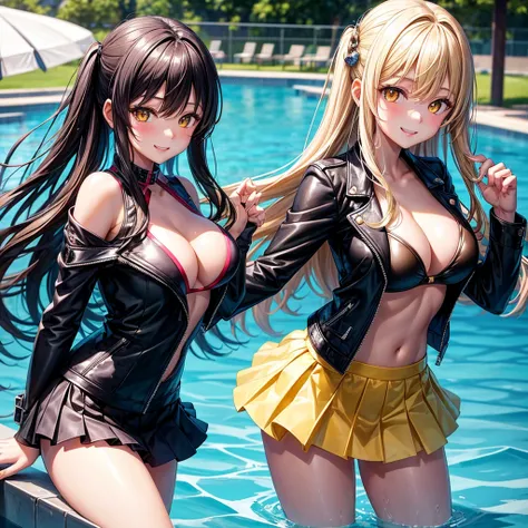 best quality，，smile，blazer，middle School girls，leather jacket，beautiful girl,swimsuit,比基尼,multiple girls are depicted，harem，idol group，photo shoot，long hair，highest quality，big breasts，happy girl,horny girl，yellow eyes，Pool，Beautiful Girl Country，Beautiful...